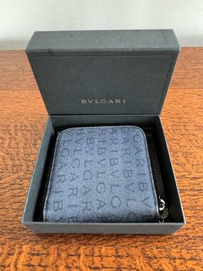 EUC Bvlgari Logomania Denim Compact Zip Around Wallet with Box